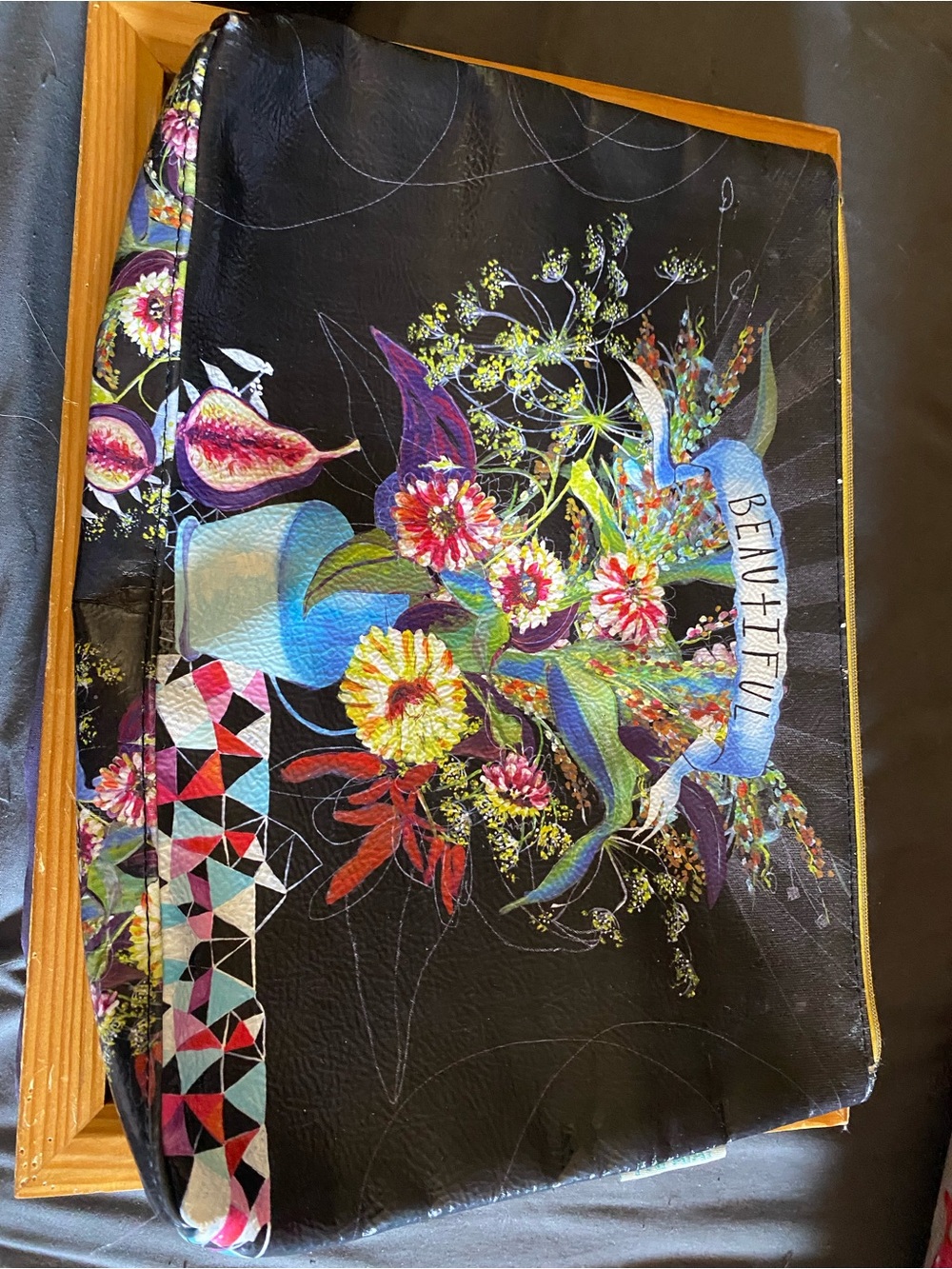 Papaya Black Floral Leatherette Accent Pouch with Multicolor Bouquet